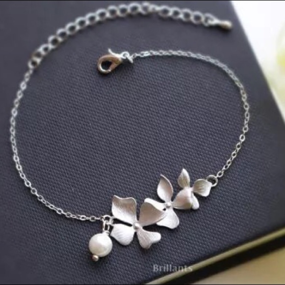 Orchid Flower and Pearl Charm Bracelet